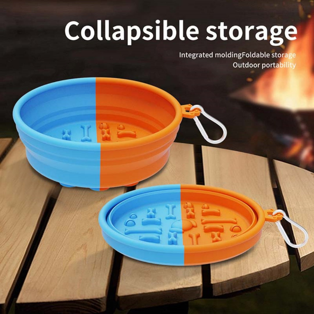 Brighty Fold&Go – Collapsible silicone dog bowl shown open and folded flat on a wooden surface, orange and blue colorway