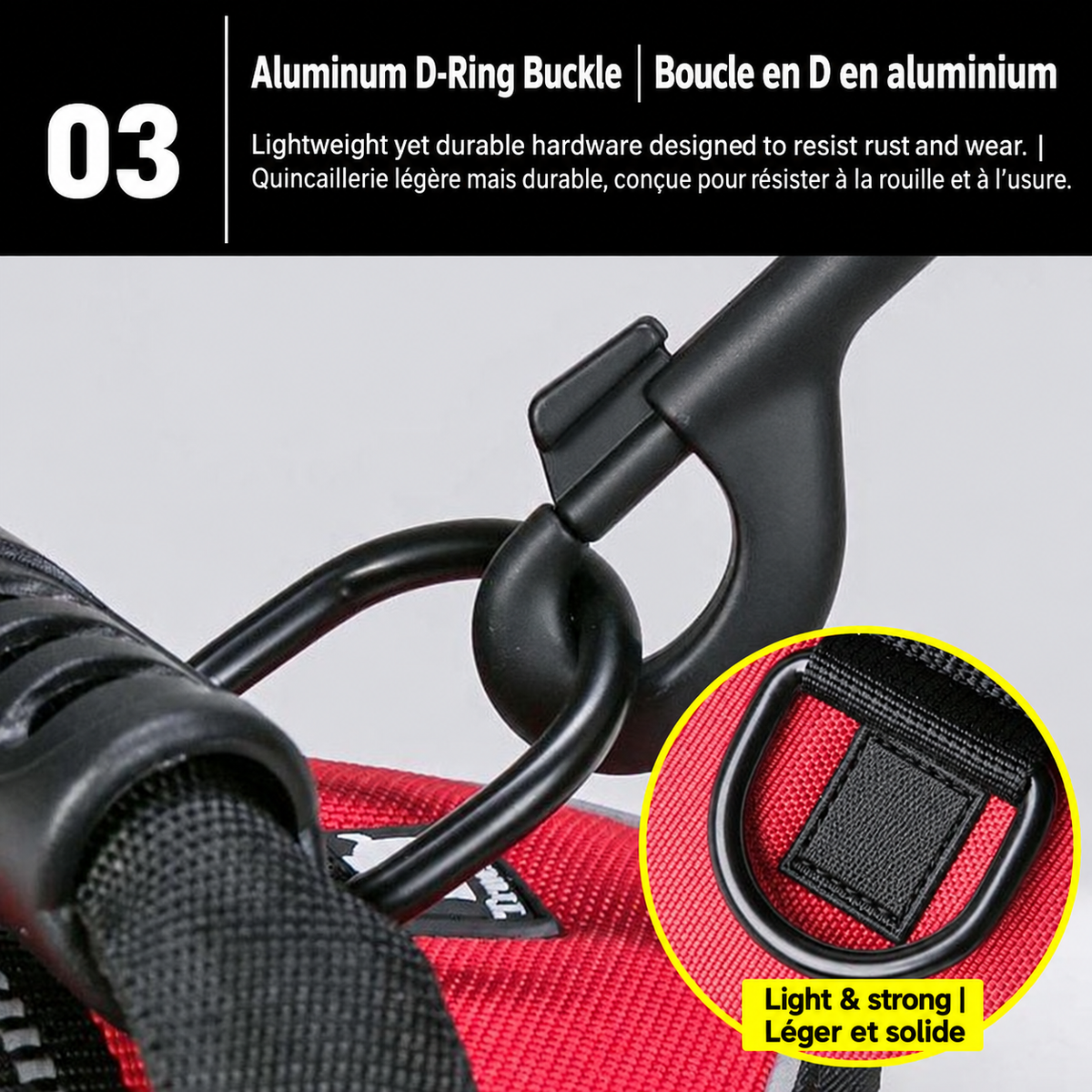 Lightweight yet strong aluminum hardware offers reliable leash attachment and helps resist rust and daily wear.