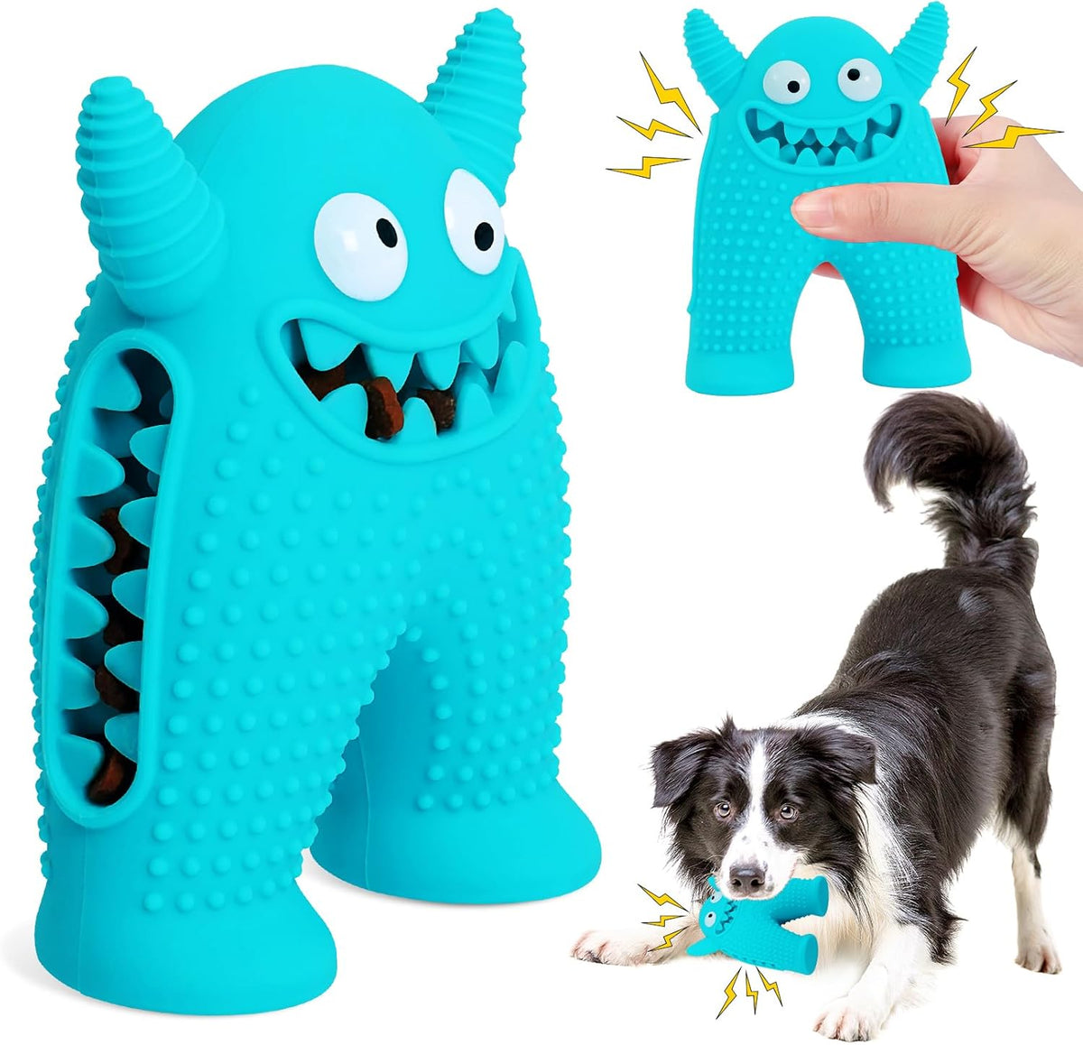 Brighty MonsterChew – Blue monster-shaped squeaky dog chew toy with treat cavity, shown being squeezed and played with by a Border Collie