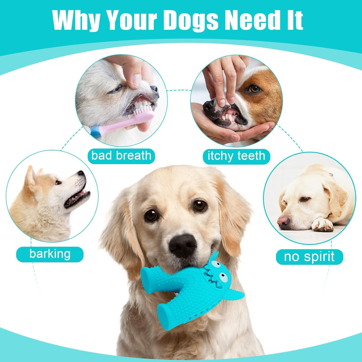 Brighty MonsterChew – Blue interactive dog chew toy held by a Golden Retriever, shown as a solution for bad breath, itchy teeth and boredom