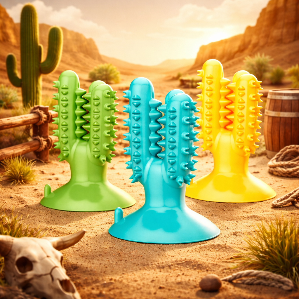 Brighty ChewCactus – Rubber cactus dog chew toy in green, blue and yellow for dental health