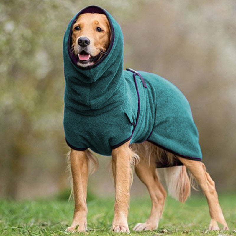 Brighty FleeceWarm teal blue fleece dog sweater with hood on large dog