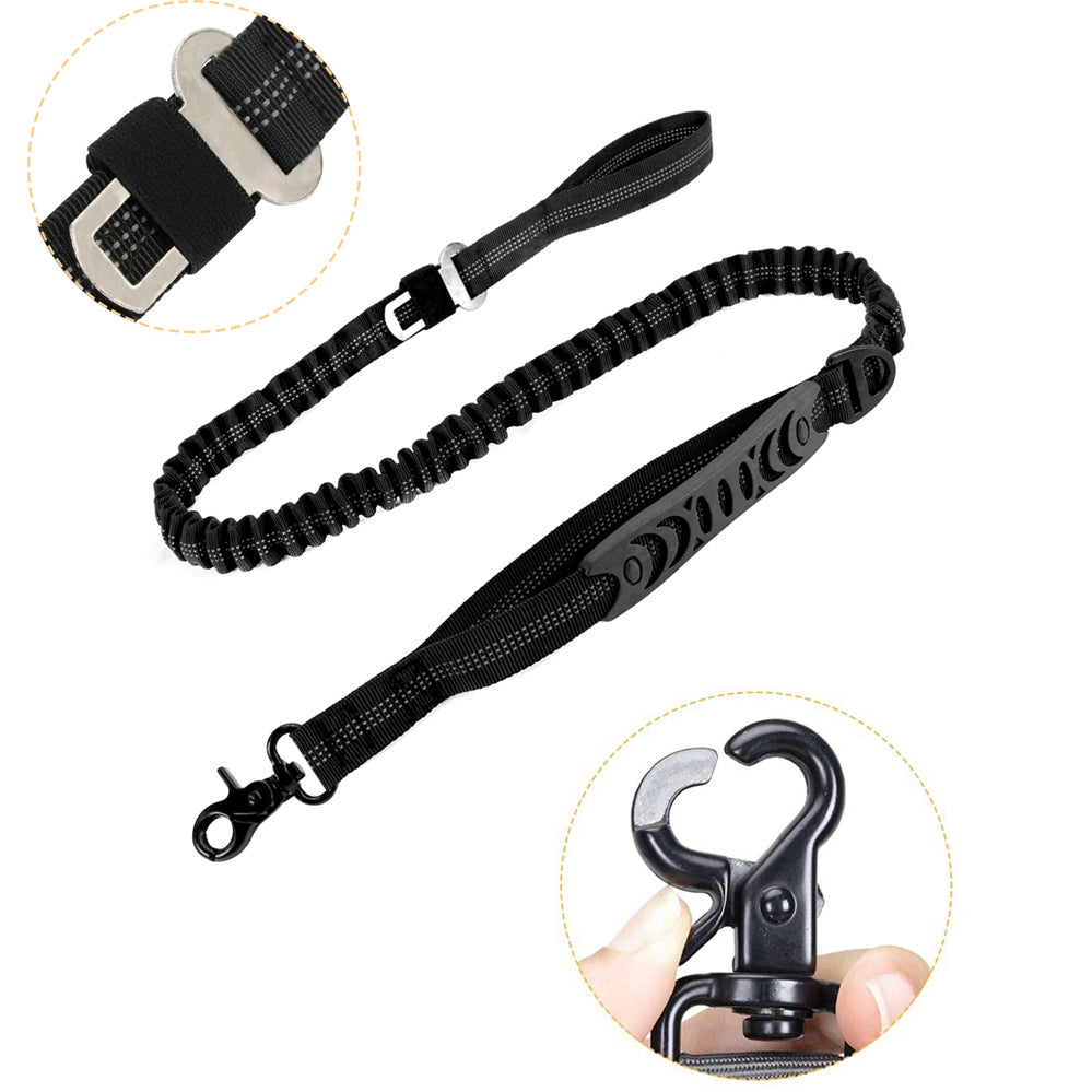 Brighty ShockGuard – Full view of extended black bungee dog leash with dual handle, elastic section and 360° swivel clip