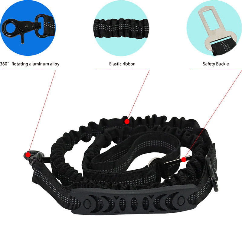 Brighty ShockGuard – Full view of black bungee dog leash with close-up of padded handle and swivel clip