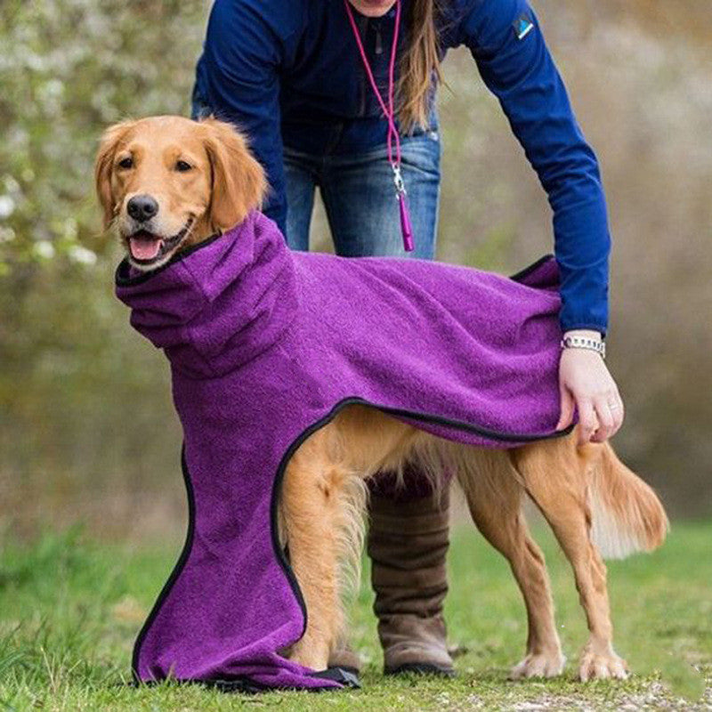 Brighty FleeceWarm purple fleece dog coat being put on golden retriever