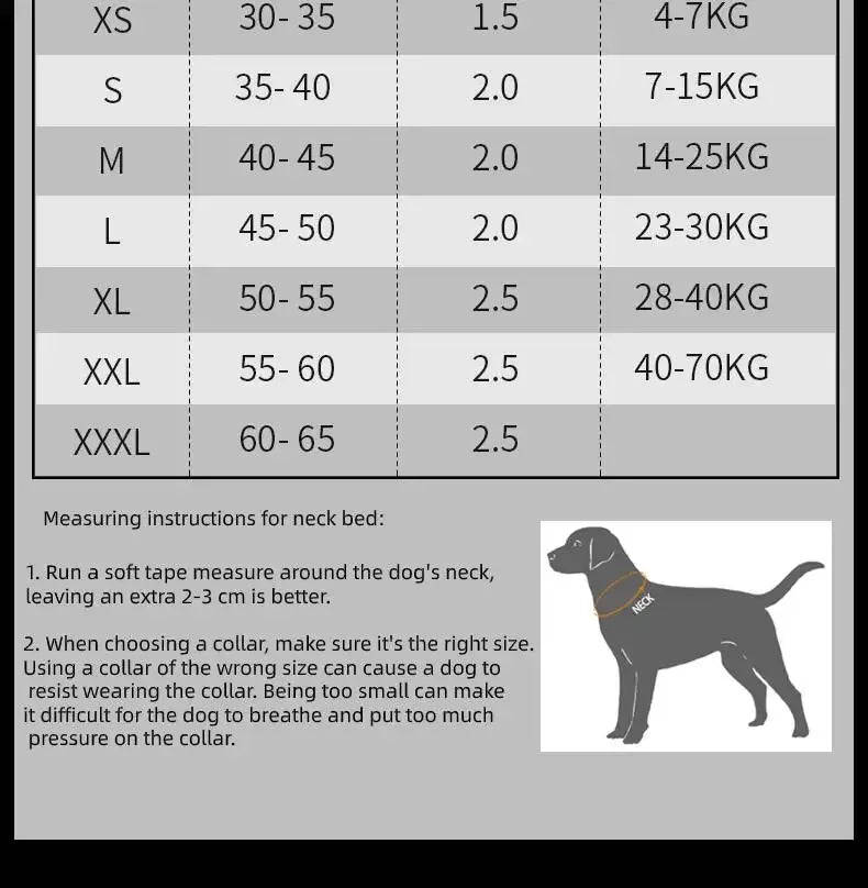 TrueLove dog collar size chart - neck circumference, width, and weight guide