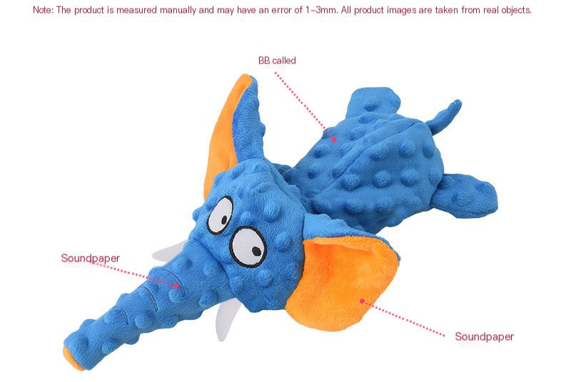 Brighty Floppy Ears elephant dog toy features - BB squeaker and crinkle soundpaper in ears for interactive play