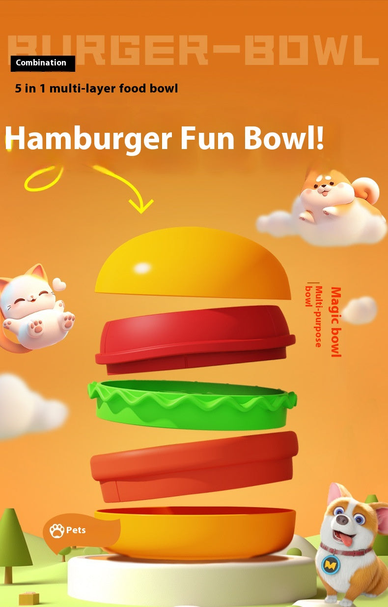 Brighty BurgerBowl exploded view – 5 stackable layers including slow feeder, lick mat and silicone bowls for pets