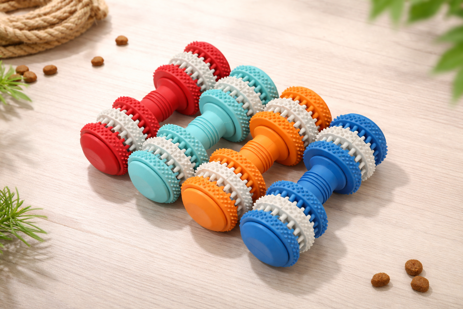 Brighty ChewBar – Resistant dumbbell dog chew toy in red, teal, orange and blue for teeth cleaning