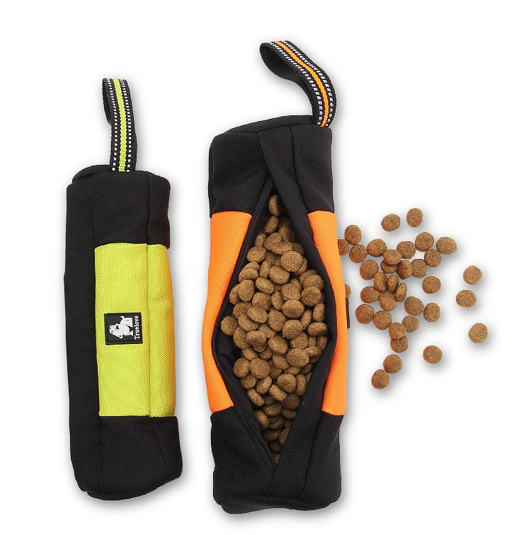 TrueLove TreatPro dog training treat bag - orange and green versions open showing high capacity with dog treats