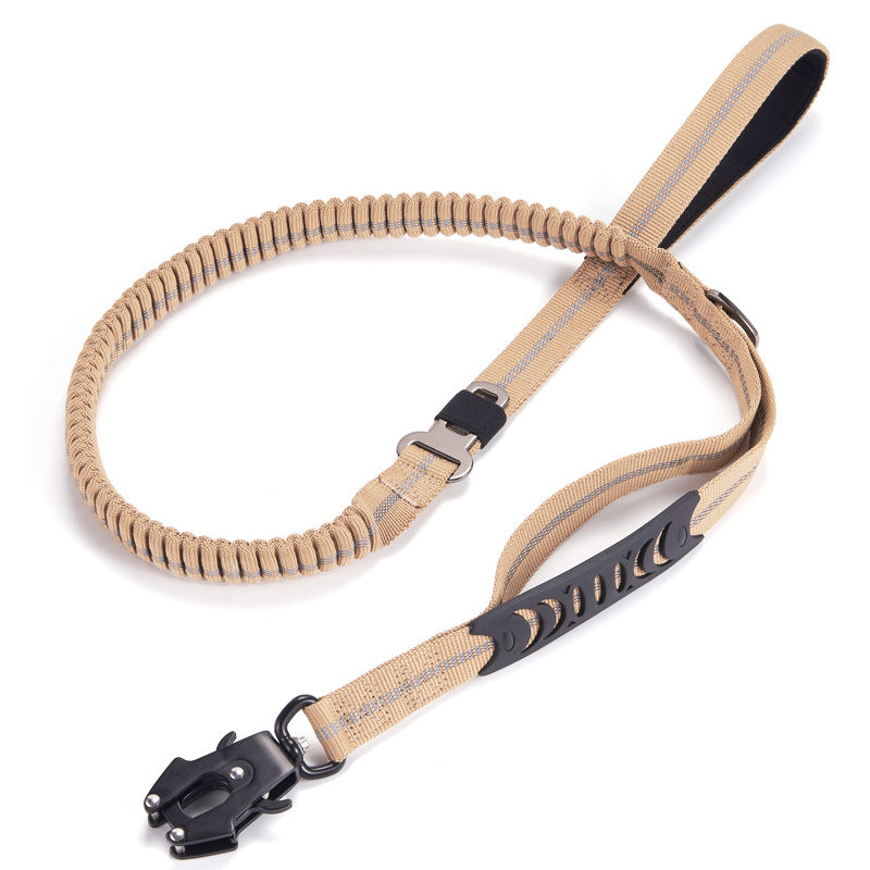 Brighty FrogLock bungee dog leash in tan – reflective stitching, frog buckle clasp, dual handle, 135 cm