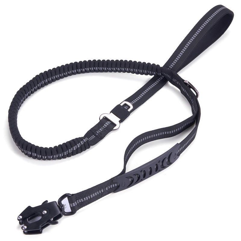 Brighty FrogLock bungee dog leash in black – reflective stitching, frog buckle clasp, dual handle, 135 cm