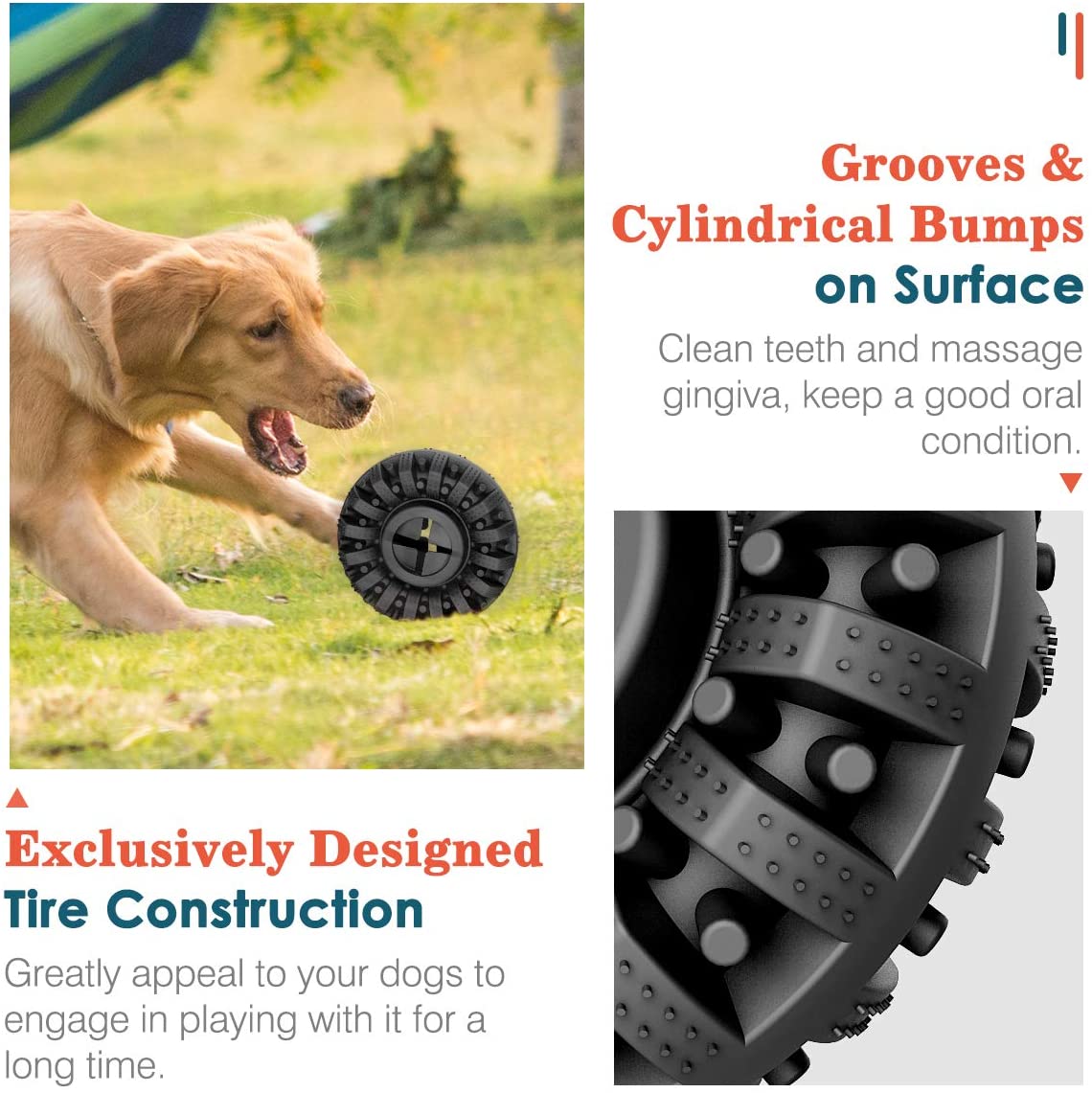 Golden retriever playing with Brighty ChewWheel - tire construction with grooves and bumps for dental cleaning