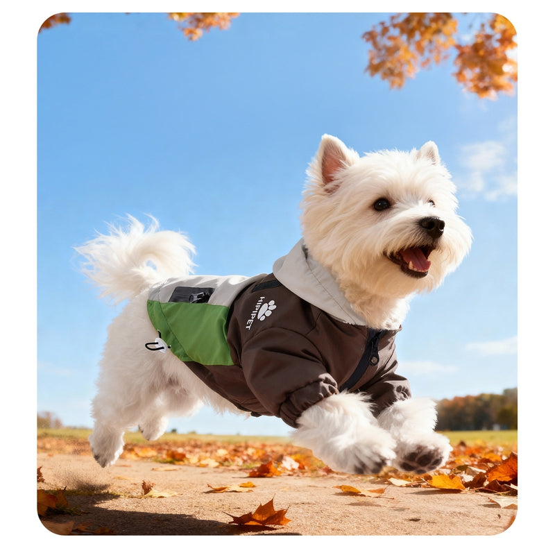 Hipipet Mini TrailGuard – Small white dog running outdoors in autumn wearing brown and green waterproof dog jacket