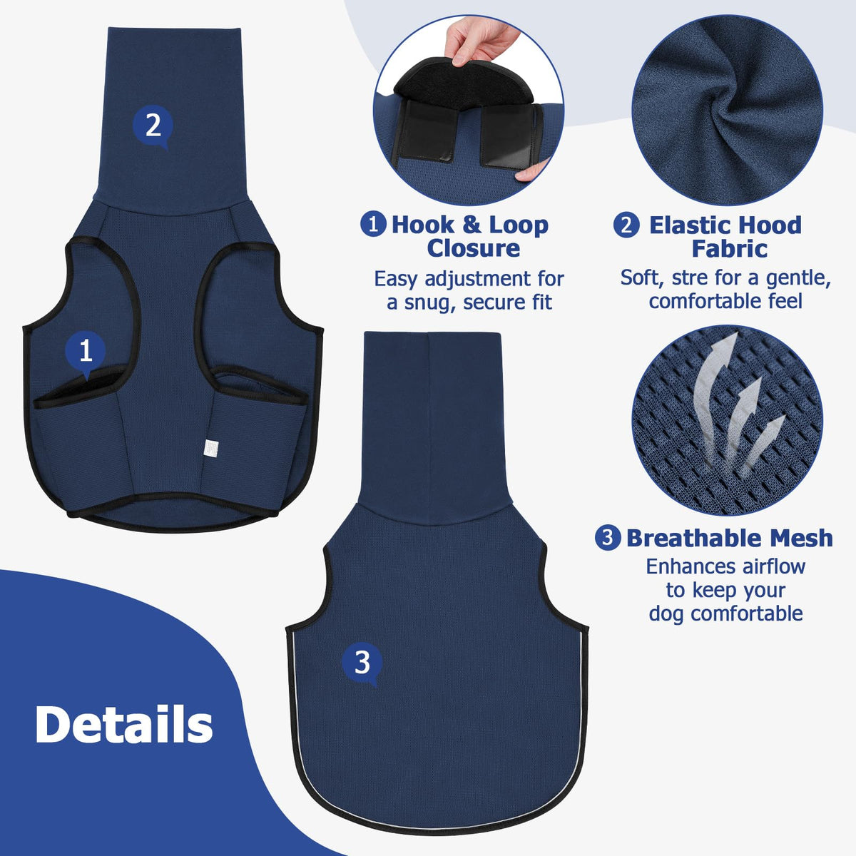 Brighty CalmFit dog calming vest details – hook and loop closure, elastic hood fabric and breathable mesh