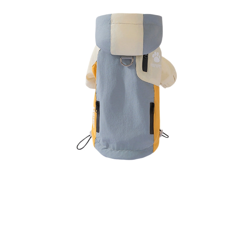 Hipipet Mini TrailGuard – Grey & Yellow waterproof dog coat back view showing leash ring, zippered pockets and drawstring, white background