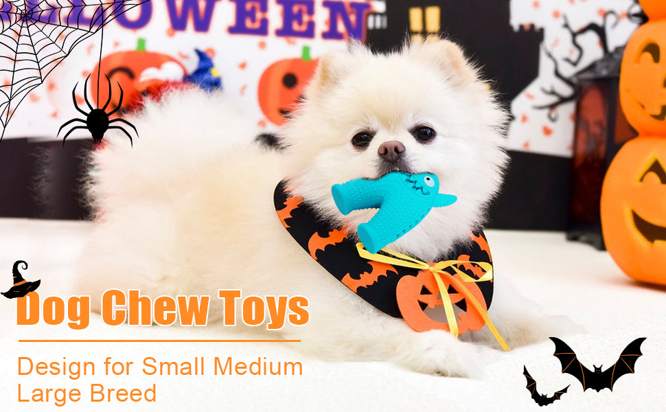 Brighty MonsterChew – Blue monster dog chew toy held by a white Pomeranian puppy in Halloween costume, suitable for small, medium and large breed dogs
