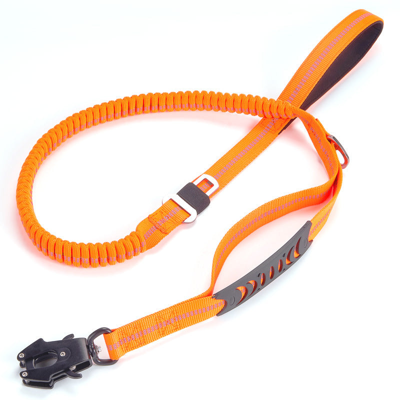 Brighty FrogLock bungee dog leash in orange – reflective stitching, frog buckle clasp, dual handle, 135 cm