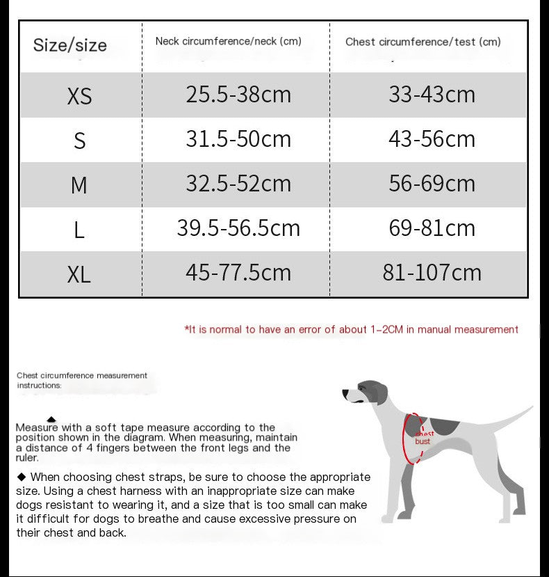 TrueLove Dog Harness Size Chart - Neck and Chest Measurement Guide XS to XL