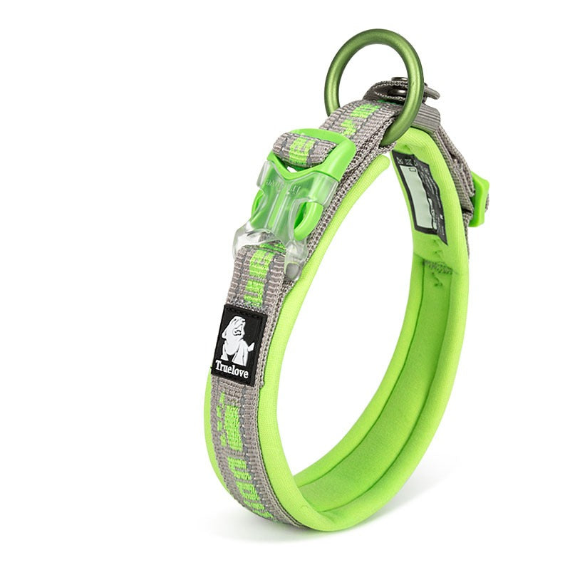 TrueLove neon green reflective dog collar with reinforced metal ring for training