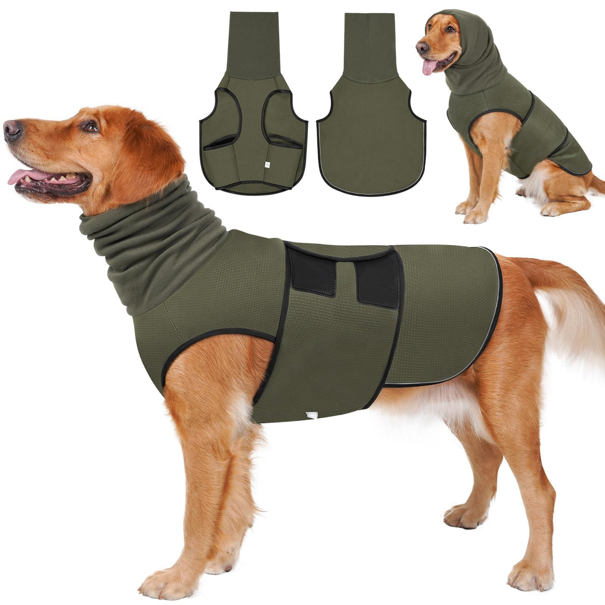 Brighty CalmFit dog anxiety vest green – 2-in-1 calming shirt with elastic hood for stress relief