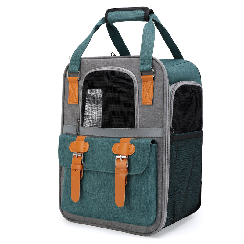 Brighty UrbanCarry – Breathable pet transport backpack in Dark Green, front view showing mesh panel, top handle and leather buckles