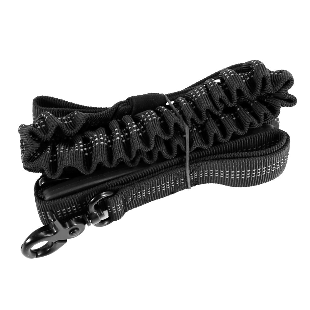Brighty ShockGuard – Black reflective bungee dog leash rolled up, showing Zero Shock elastic section and swivel clip