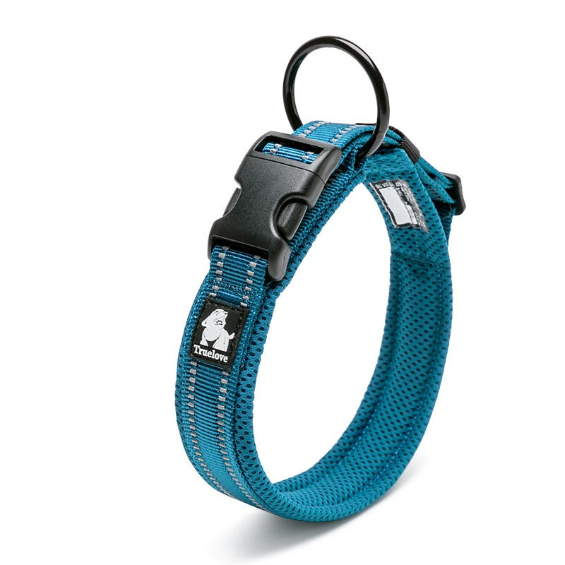 TrueLove lake blue reflective comfort collar with reinforced metal D-ring for dogs