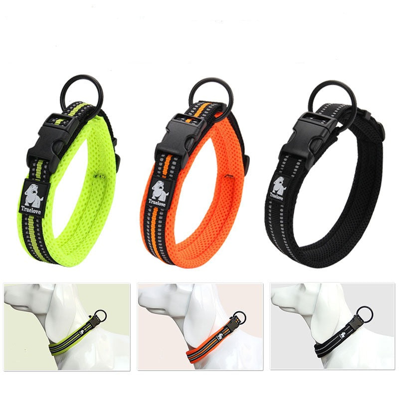 TrueLove reflective dog collars in neon green, orange, and black with padded comfort lining