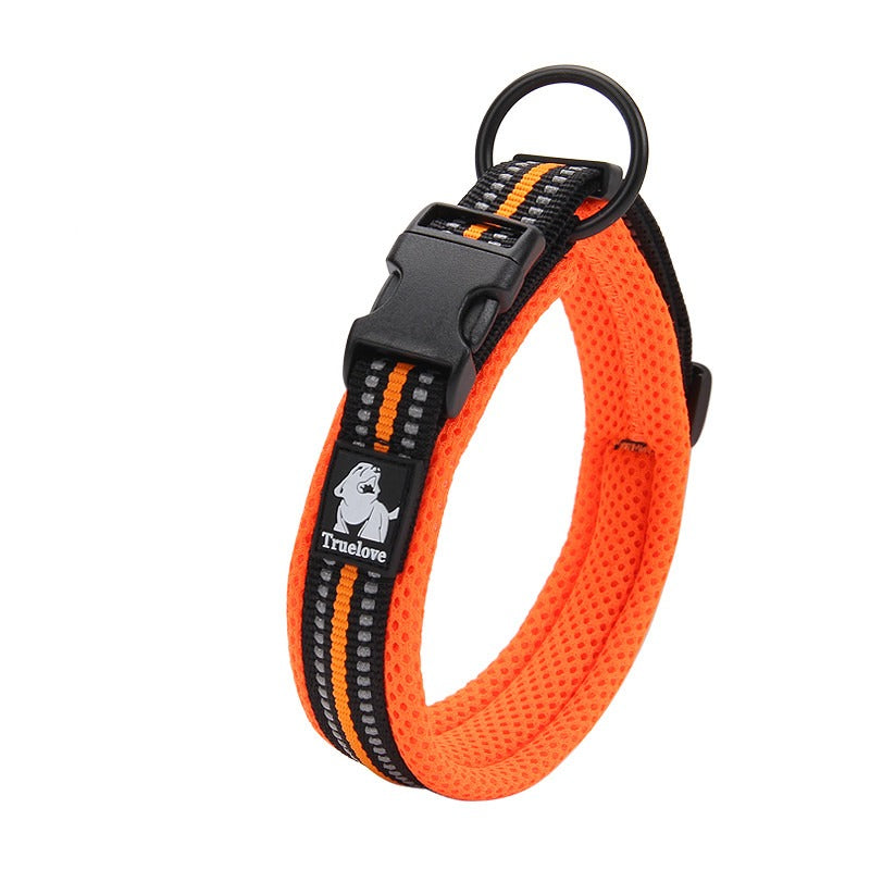 TrueLove orange reflective dog collar with padded interior and metal hardware