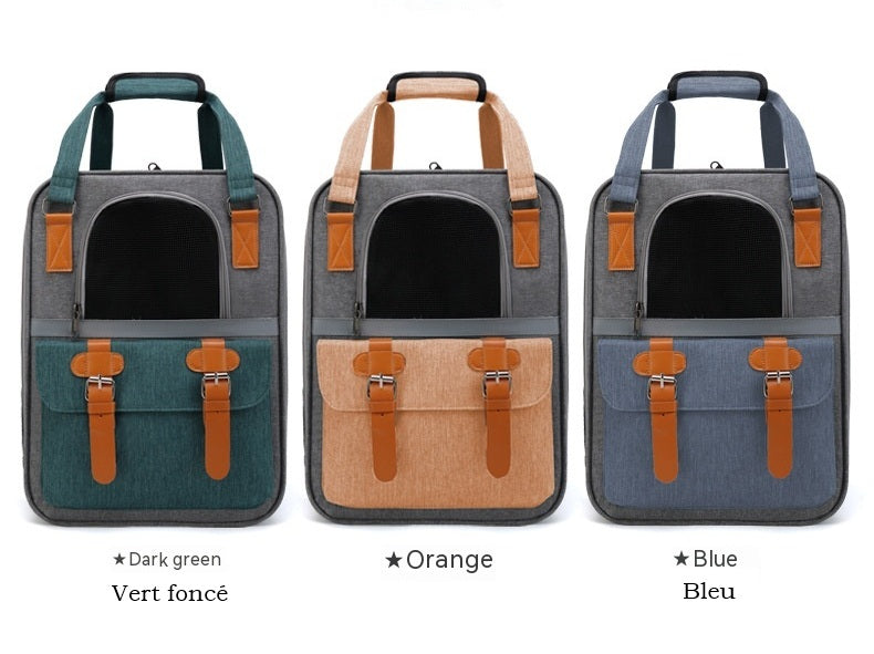 Brighty UrbanCarry – Breathable pet backpack in three colors: Dark Green, Orange and Blue, white background