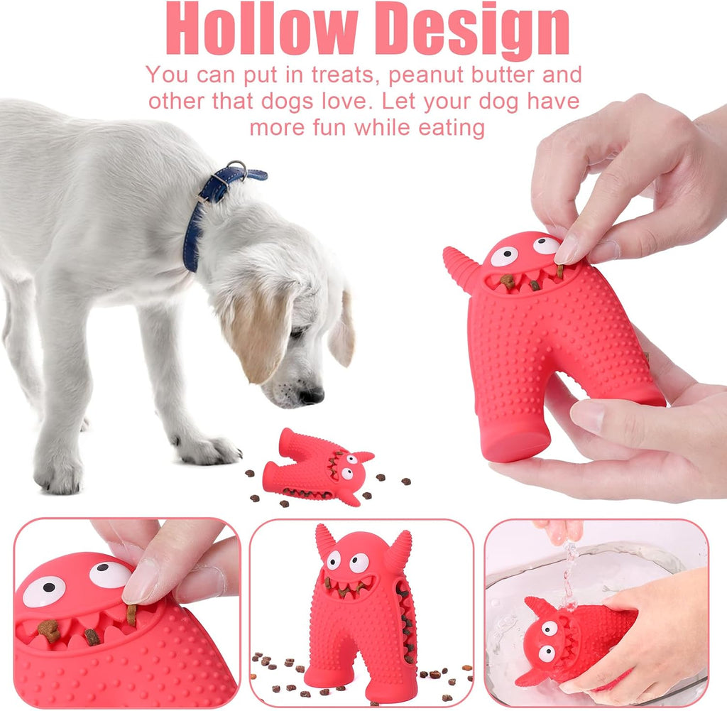 Brighty MonsterChew – Pink monster dog chew toy with hollow treat cavity, shown being filled with treats and rinsed, with a puppy sniffing it