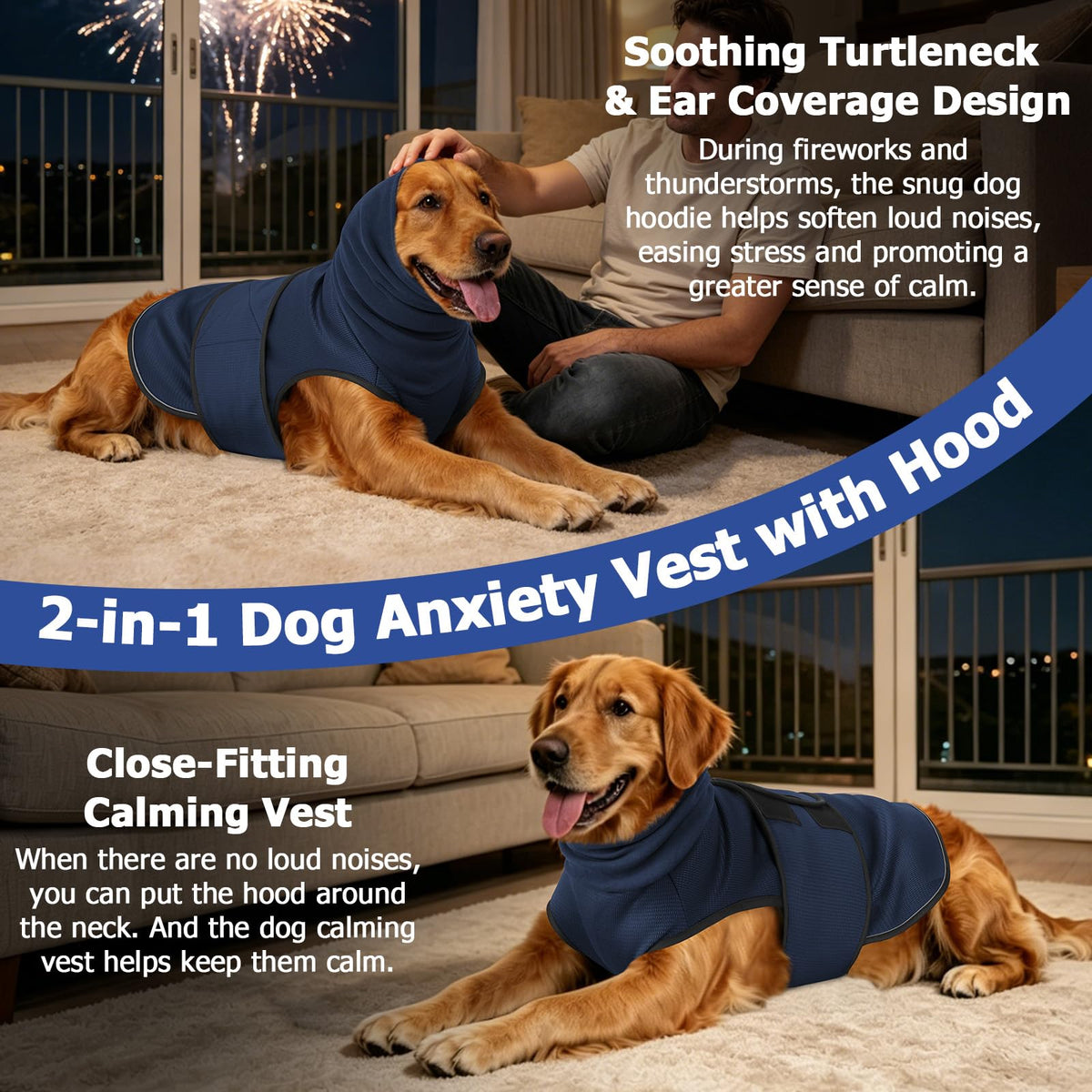 Brighty CalmFit 2-in-1 dog anxiety vest with hood – soothing turtleneck ear coverage for fireworks and thunderstorms