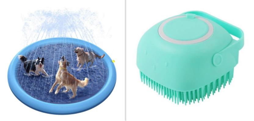 Turquoise silicone dog grooming brush included with Brighty Splash Mat