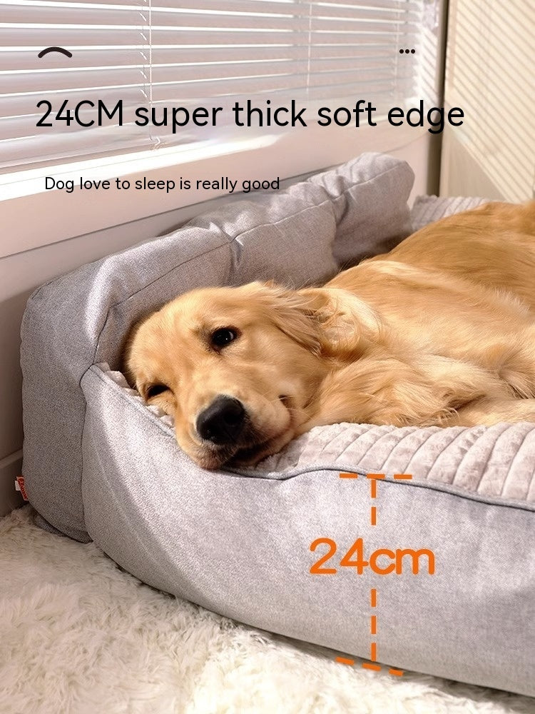 Golden retriever sleeping on Brighty CozyHaven dog bed with 24cm thick soft bolster edge, grey color
