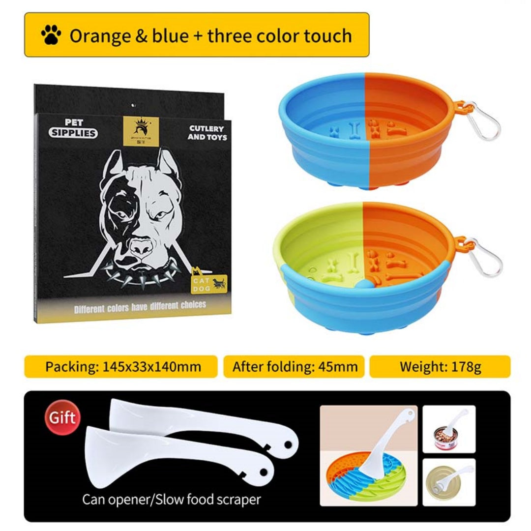 Brighty Fold&Go – Set of 1 Orange & Blue + 1 Tricolor foldable portable dog bowls with carabiner clip and 2 bonus can openers scrapers