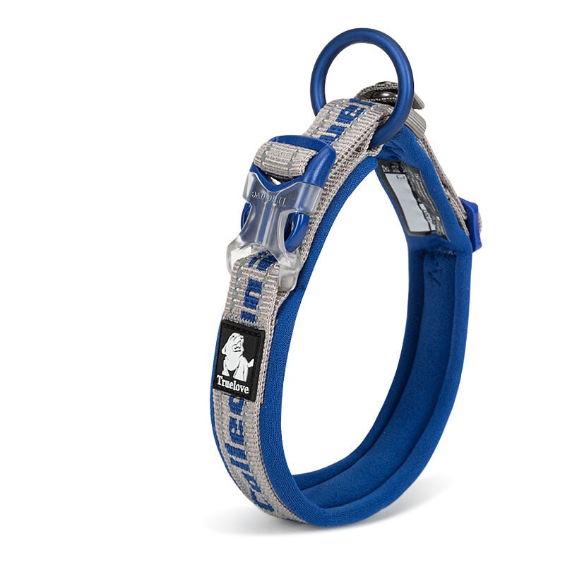 TrueLove blue reflective padded collar with adjustable quick-release buckle for dogs