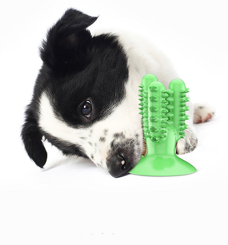 Puppy chewing on Brighty ChewCactus green dental toy for teething and boredom relief