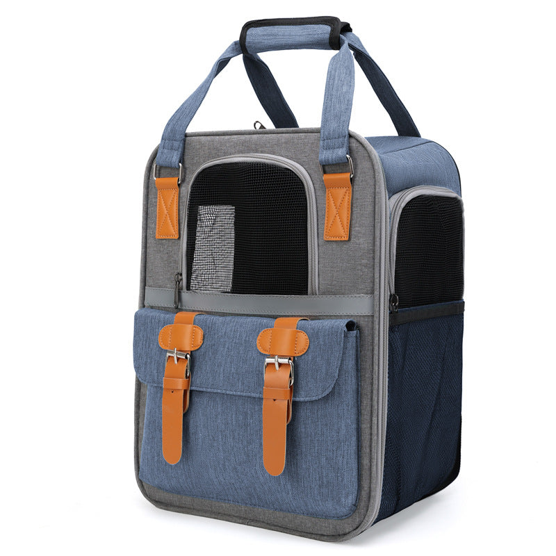 Brighty UrbanCarry – Breathable pet transport backpack in Blue, front view showing mesh panel, top handle and leather buckles