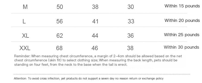 Brighty DinoWarm dog hoodie size chart - chest, back length and neck measurements for M L XL XXL