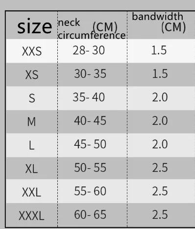 TrueLove dog collar size chart - neck circumference and bandwidth guide