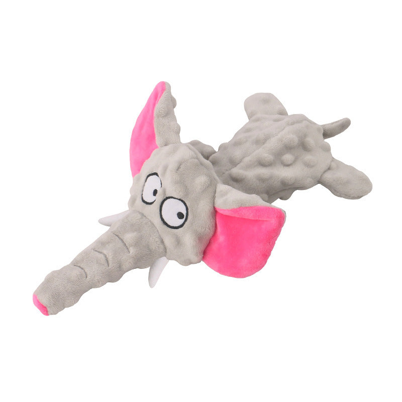Grey elephant dog toy with pink floppy ears and built-in squeaker for playful dogs