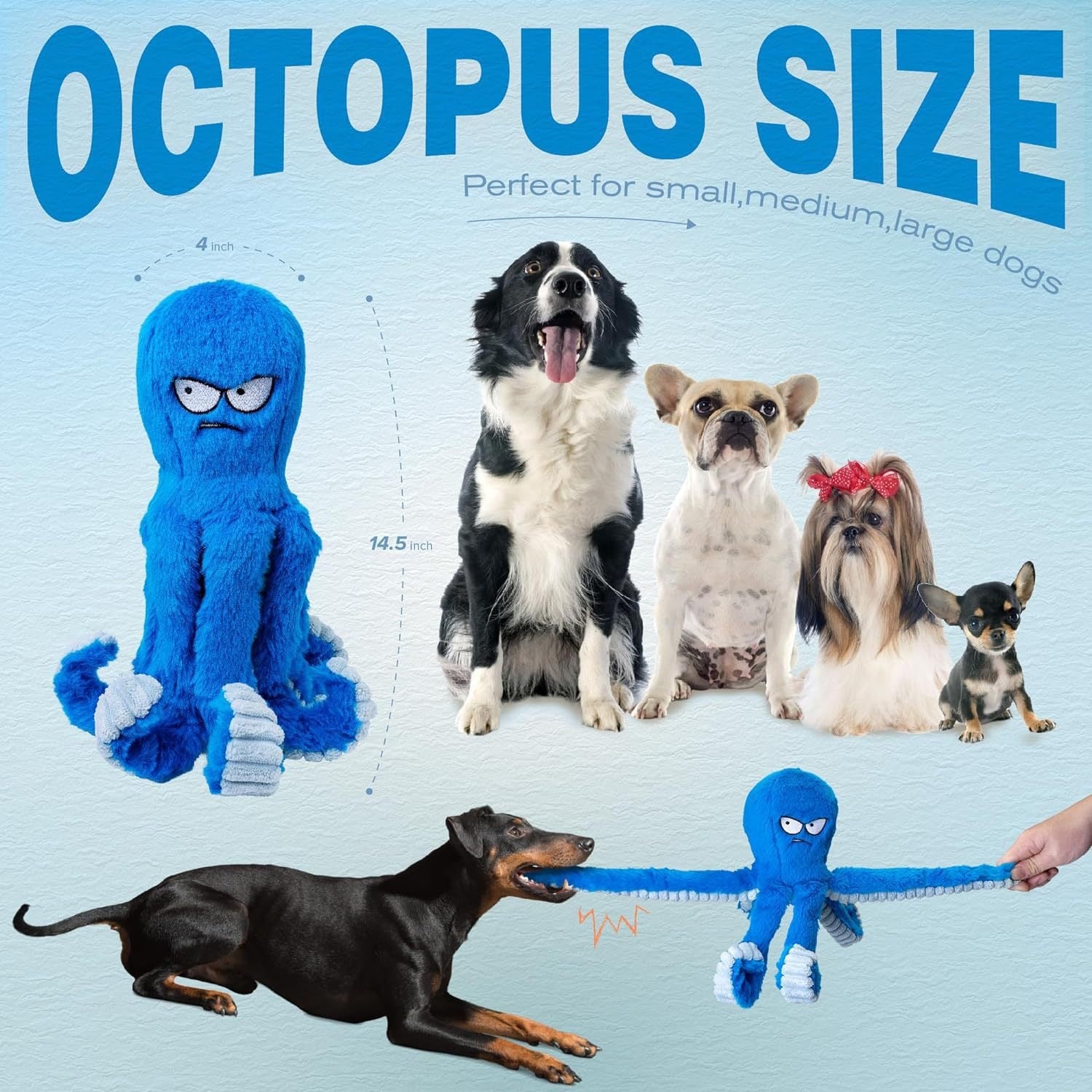 Octopus dog toy size guide - suitable for small medium and large dogs