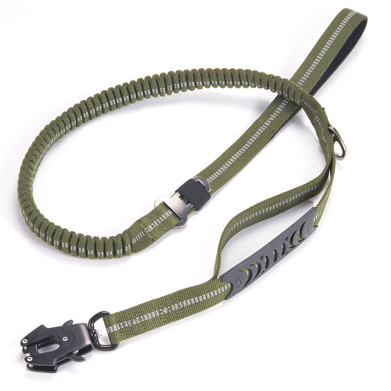 Brighty FrogLock bungee dog leash in army green – reflective stitching, frog buckle clasp, dual handle, 135 cm