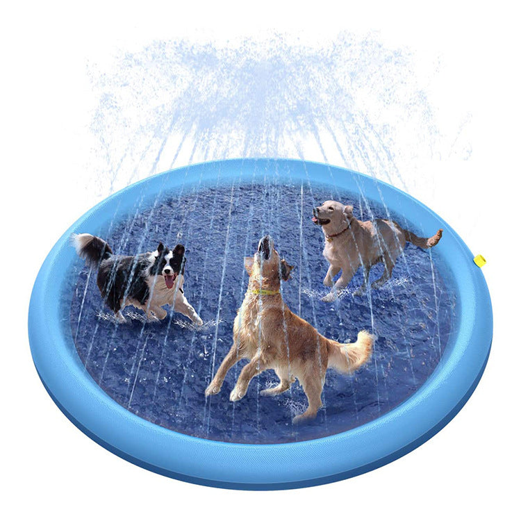 Multiple dogs enjoying Brighty Splash Mat cooling water sprinkler pad in summer