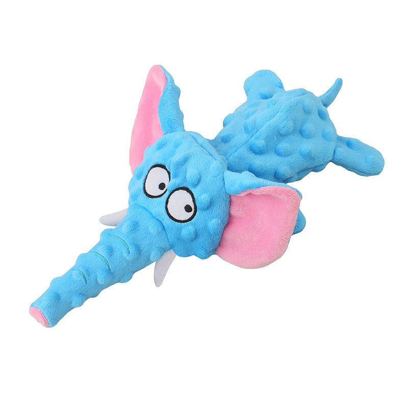 Light blue elephant plush dog toy with pink floppy ears and textured body for interactive play
