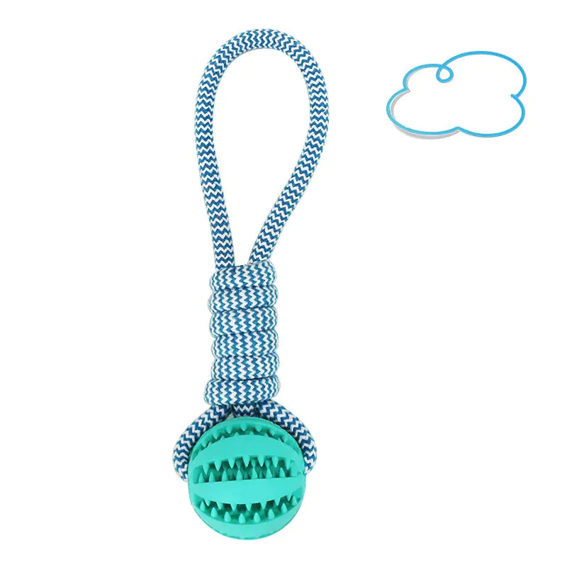 Brighty TugBall in blue with braided rope handle and dental treat ball for dogs