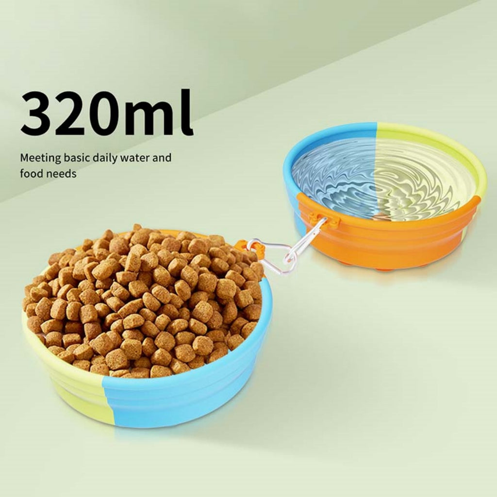 Brighty Fold&Go – Two collapsible dog bowls with 320ml capacity, one filled with kibble and one with water