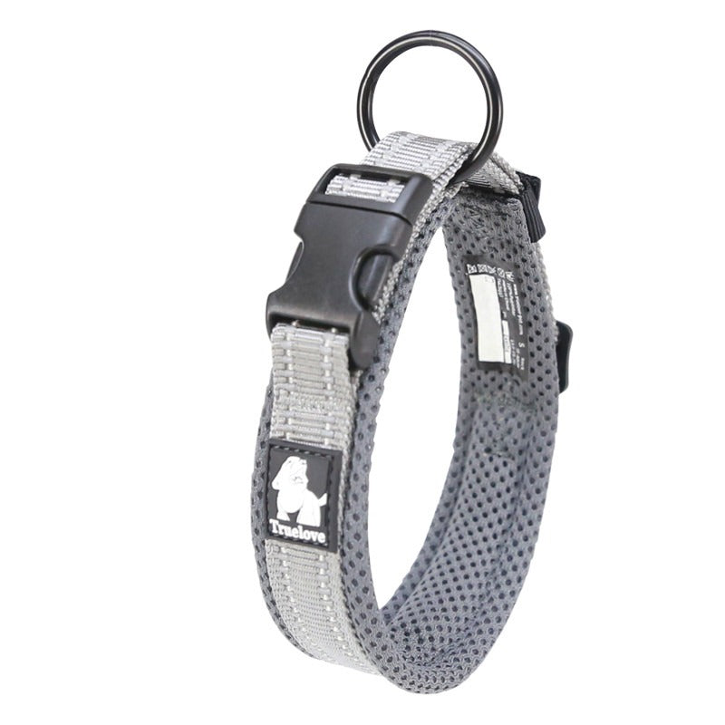 TrueLove gray reflective padded dog collar with reinforced stitching and metal ring
