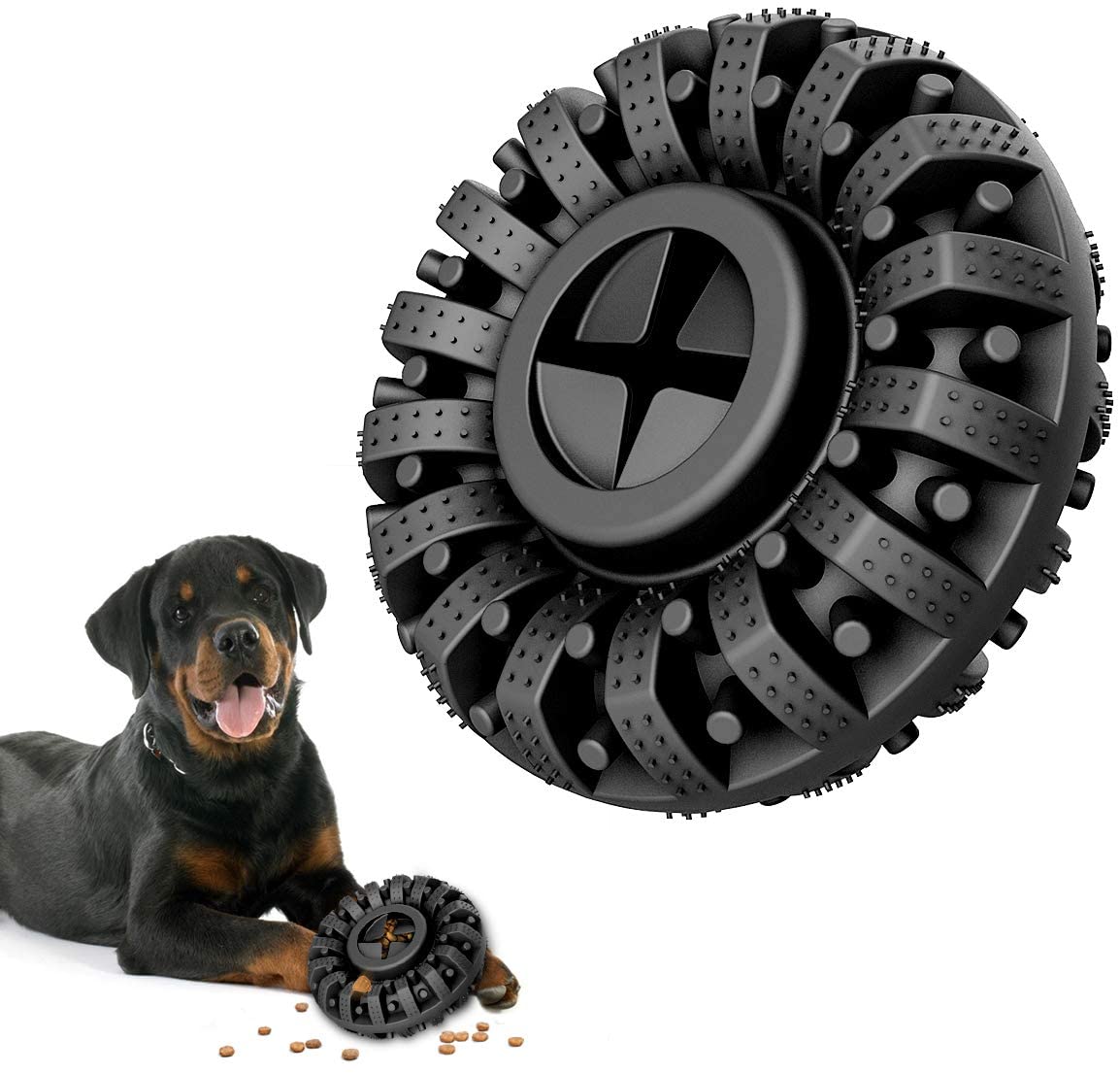 Rottweiler with Brighty ChewWheel in black - durable dental chew toy for large dogs